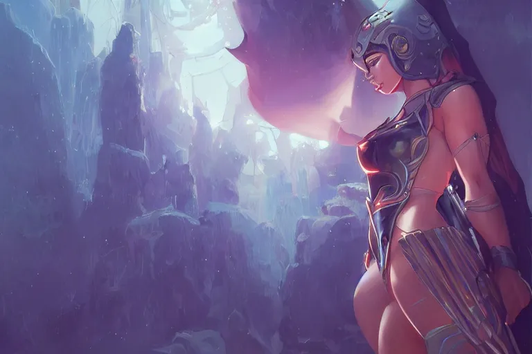 Image similar to fantasy woman in armor looking her reflection in water girl miss attractive eye catching official fanart behance hd artstation, mystic, by Rossdraws and Jesper Ejsing, by Makoto Shinkai and Lois van baarle, ilya kuvshinov, intricate details, cinematic, wide angle