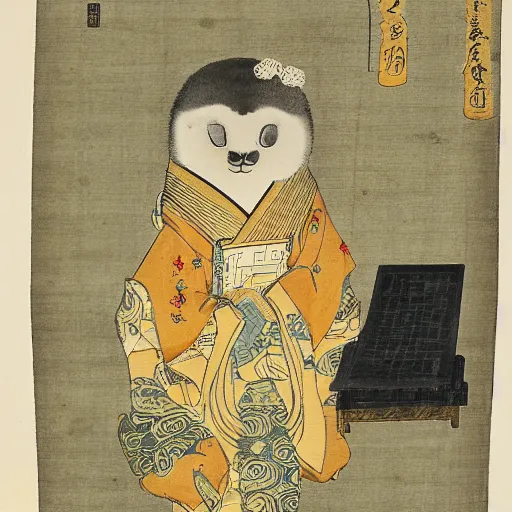 Prompt: an anthropomorphic baby harp seal deity, radiating golden light, wearing royal kimono, Japanese ink drawing from 1850