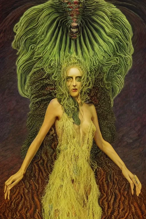 Prompt: cosmic horror eldritch lovecraftian full body portrait of eva green as the emerald queen of feathers by wayne barlowe, agostino arrivabene, denis forkas