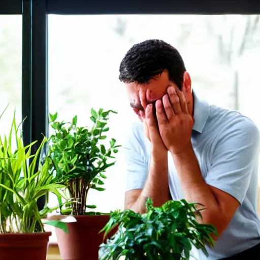 Prompt: a man sobbing over his dying potted plant