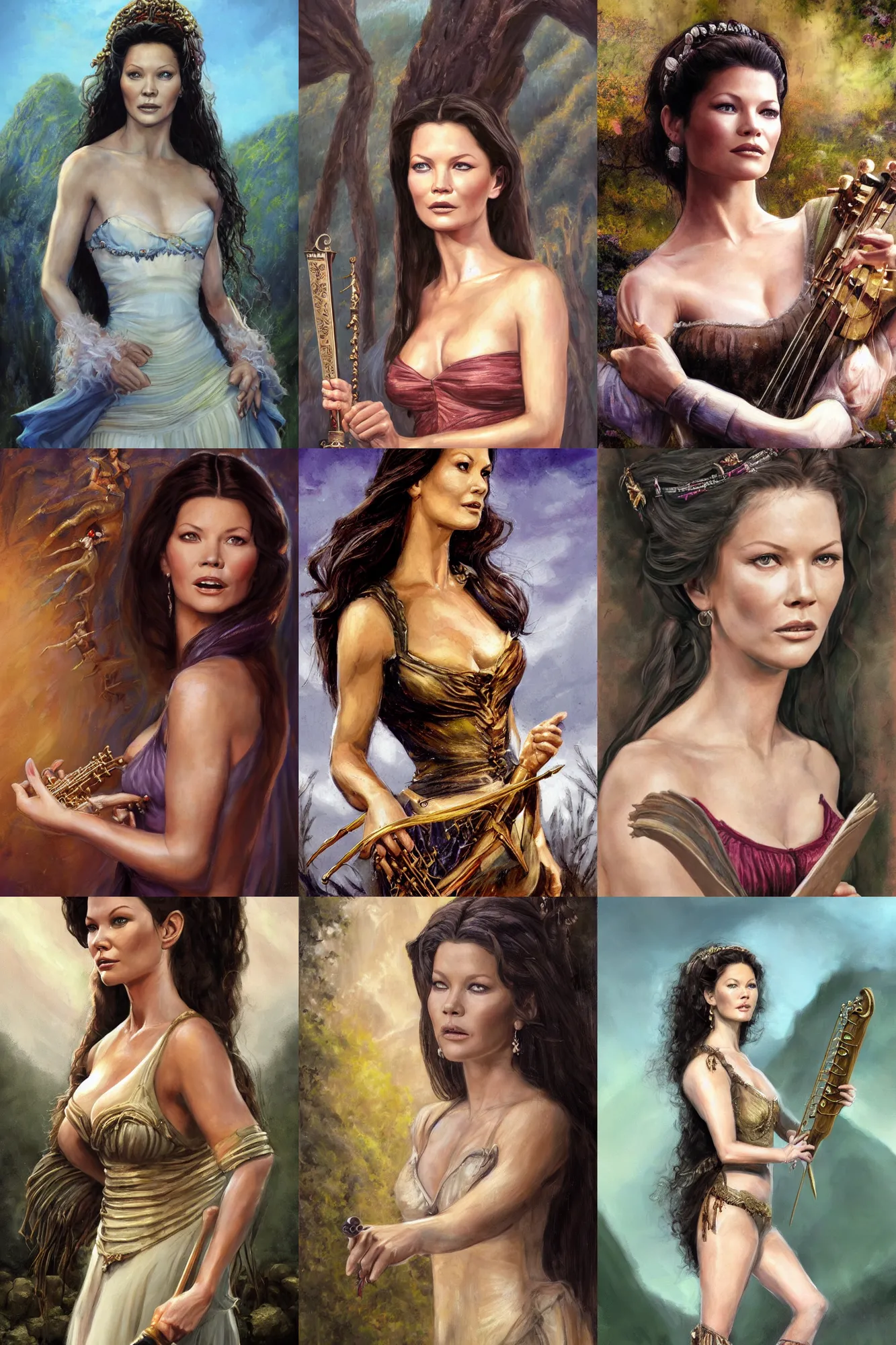 Prompt: a full body high detail fantasy portrait oil painting illustration of young catherine zeta - jones as a beautiful sophisticated singing bard woman by justin sweet with face and body clearly visible, in a scenic background, pupils visible, realistic proportions, d & d, rpg, forgotten realms, artstation trending, high quality, sombre mood, artstation trending, muted colours, entire person visible!