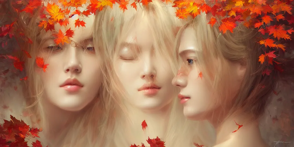 Image similar to breathtaking detailed concept art painting art deco pattern of blonde goddesses faces amalgamation autumn leaves, by hsiao - ron cheng and volegov, bizarre compositions, exquisite detail, extremely moody lighting, 8 k