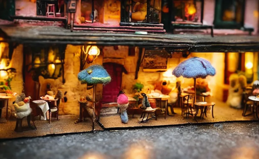 Image similar to miniature cafe diorama macro photography, cafe with felted bunnies, alleyway, ambient, atmospheric, british, cozy, bokeh, romantic, colorful lanterns