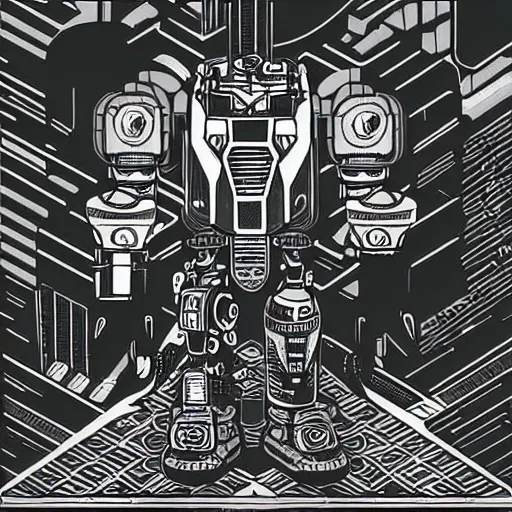 Prompt: Mcbess designed cyberpunk aesthetic TOOL album cover art of a giant mech warrior