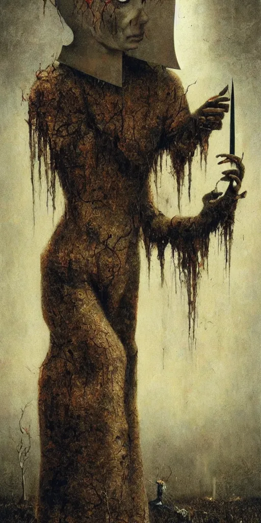 Prompt: a magic surrealism painting of a pumpkin head woman holding a knife 🔪 stands in an abandoned asylum, beksinski, dariusz zawadzki