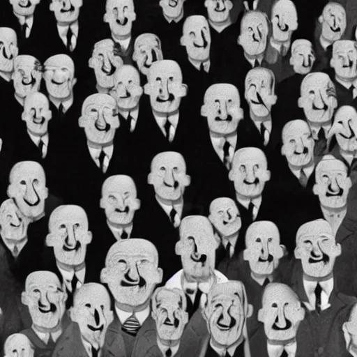 Prompt: an old black and white photo of a man with distorted facial features and a abnormally long body gives a political speech to a huge group of people who all have no eyes and twisted smiles,