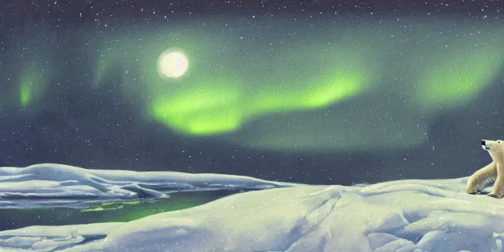 Image similar to an oil painting of a close - up polar bear traversing a snowy landscape at night, the northern lights and the moon are visible