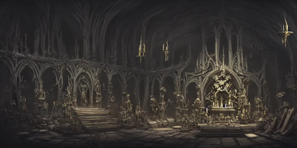 Image similar to full color, low ultrawide interior shot of sedlec ossuary, bones, smooth concept art in anime style mixed with fujifilm, dark, foggy, atmospheric, artstation, cgsociety, rendered, denoise, cinematic masterpiece