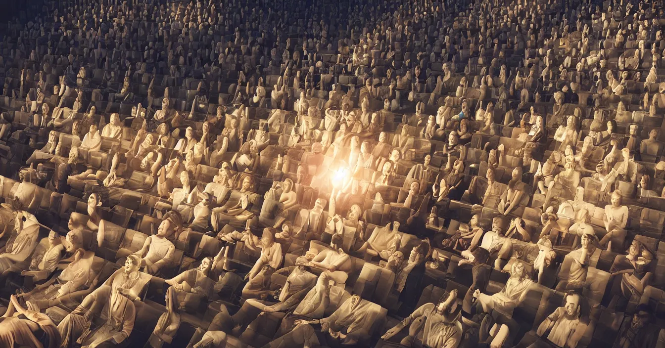 Image similar to Human egos are trapped in the illusion of physical reality, sitting in a movie theater, watching the light of consciousness project their lives onto a giant screen, realistic image full of sense of spirituality, life meaning, meaining of physical reality, happy atmosphere, render in Vray