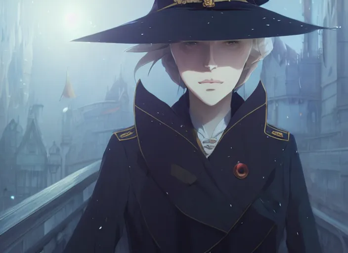 Image similar to portrait of lady maria, helm of second world war warship in background, illustration concept art anime key visual trending pixiv fanbox by wlop and greg rutkowski and makoto shinkai and studio ghibli and kyoto animation, symmetrical facial features, astral witch clothes, dieselpunk, realistic anatomy, grimdark, volumetric lighting, backlit