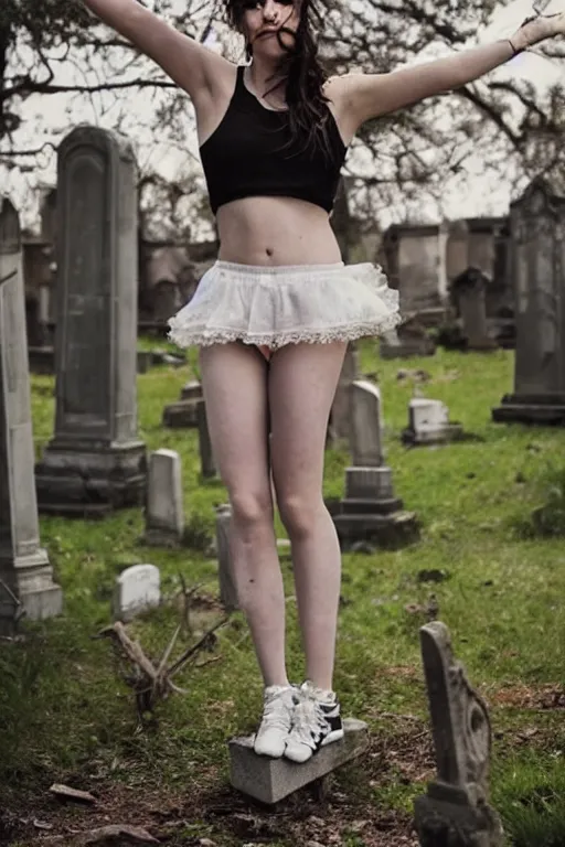 Prompt: egirl doing a shuffle dance in an abandoned graveyard, aesthetic!! highly symmetric body parts, clean composition, outdoor lighting, beautiful highly symmetric face, gazing eyes