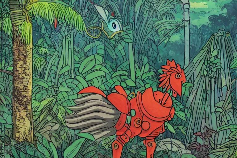 Prompt: illustration of a heavily armoured mechanical rooster in a jungle, by studio ghibli, tarot card, ominous, livid colors, colorful