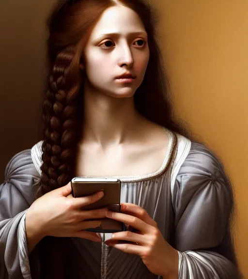 Image similar to portrait of a long - haired woman with a cellphone sitting upon a table with heightened detail, poised, intense emotion, detailed facial expression, detailed surroundings, intricate, elegant, highly detailed, centered, digital painting, artstation, concept art, smooth, sharp focus, illustration, by ( leonardo da vinci ), wlop