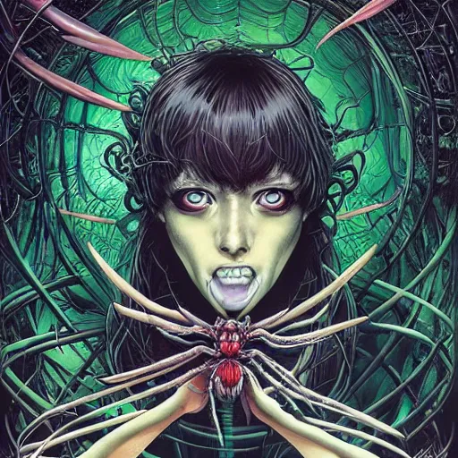 Image similar to portrait of crazy dark girl with spiders around, symmetrical, by yoichi hatakenaka, masamune shirow, josan gonzales and dan mumford, ayami kojima, takato yamamoto, barclay shaw, karol bak, yukito kishiro