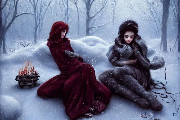 Prompt: a beautiful woman made out of snow and ice sitting by a campfire and slowly melting, by monia merlot and tom bagshaw