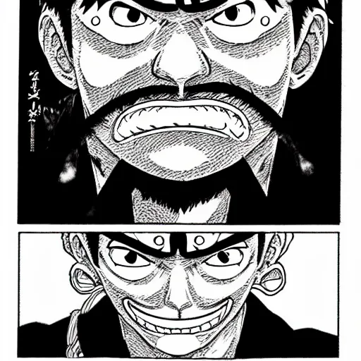 Image similar to [ luffy mustache ] ( by kim jung gi ) ( by george morikawa ) ( by kentaro miura ) ( by eiichiro oda )