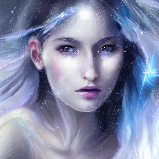 Image similar to masterpiece portrait of an aesthetic beautiful mage woman, ice spell, 3 0 years old woman, soft thin face, light eyes, black dynamic hair, wearing silver diadem with blue gems inlays, silver necklace, digital painting by wlop, atmospheric effects, chaotic blue sparks dynamics background, intricate, artstation, fantasy