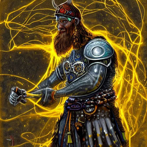 Image similar to mythological viking Shaman of artificial intelligence creating an artificial neural network with yellow synapses on an anvil, high resolution, award winning art, trending on art station, sharp image, incredibly detailed, detailed character realistic painting