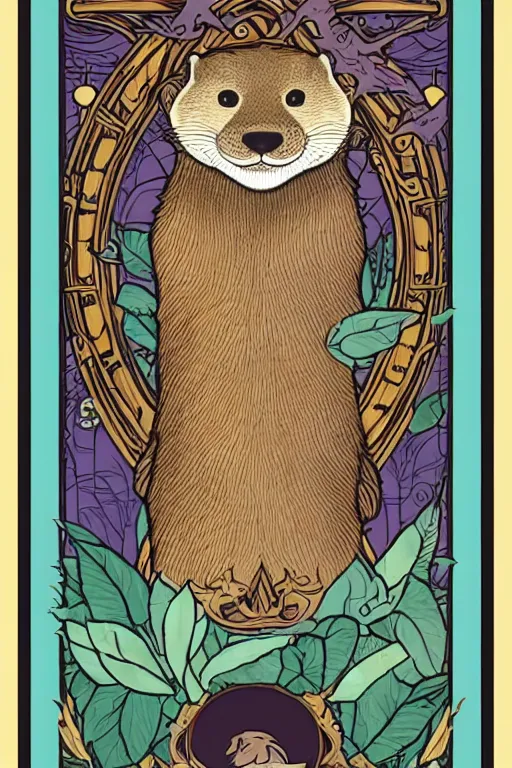 Image similar to tarot card illustration depicting an otter on the card tepmerance, framed in an elaborate line border, tarot card, detailed illustration, otter, furry art, artstation, 4 k