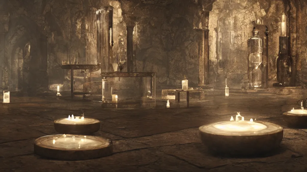 Prompt: a complex ancient alchemists interior, 4 k, stone table, giant athanor, alembic, beakers full of liquid, knobs, glass orbs, candle lighting, octane render, natural color scheme, architectural photography, f 3 2, still from movie by david lynch,