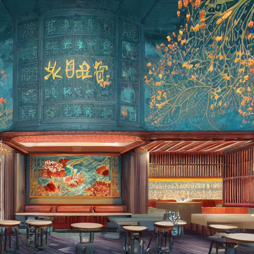 Image similar to a beautiful hyperdetailed interior 4 k hd wallpaper illustration of roasted string hotpot restaurant restaurant yan'an, wall painting, from china, with merchant logo, fine delicate structure, chinese style, victo ngai