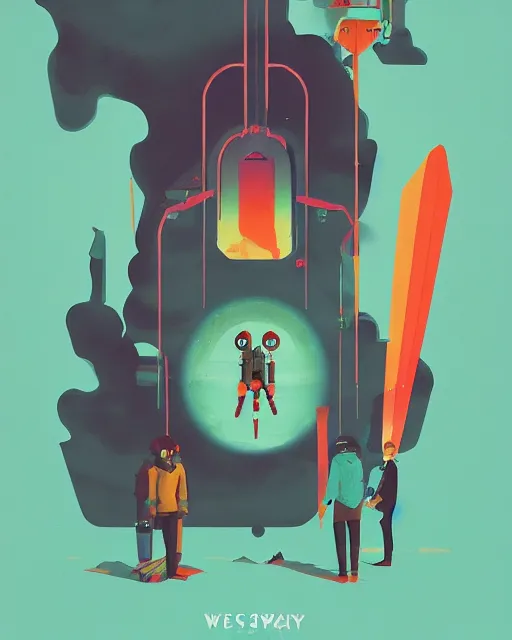 Image similar to no mans sky, dark 2D matte gouache illustration, poster, style of wes anderson