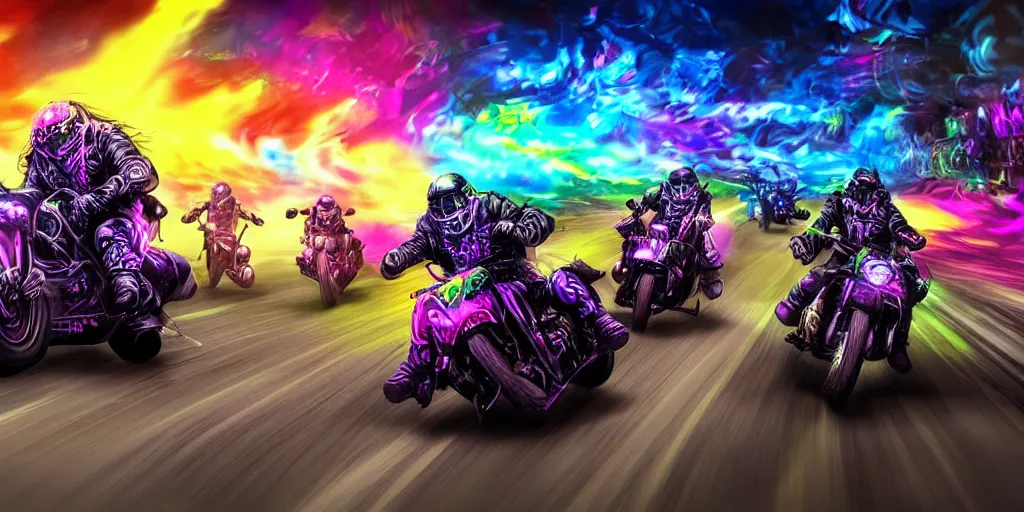 Prompt: psychedelic blacklight airbrush artwork, motorcycles, hyper stylized action shot of orc bikers racing on motorcycles, menacing orcs, drifting, skidding, wheelie, clear focused details, soft airbrushed artwork, black background, cgsociety, artstation