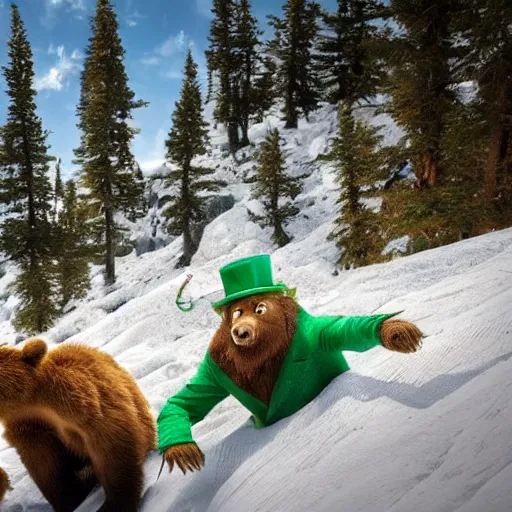 Prompt: A leprechaun fighting a bear at the top of a mountain, sun shines on them, harsh lighting, dramatic