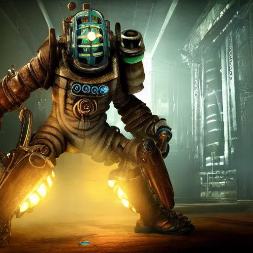 Image similar to isaac clarke as a bioshock big daddy, unreal engine 5, bioshock deadspace, high detail 3 d render,