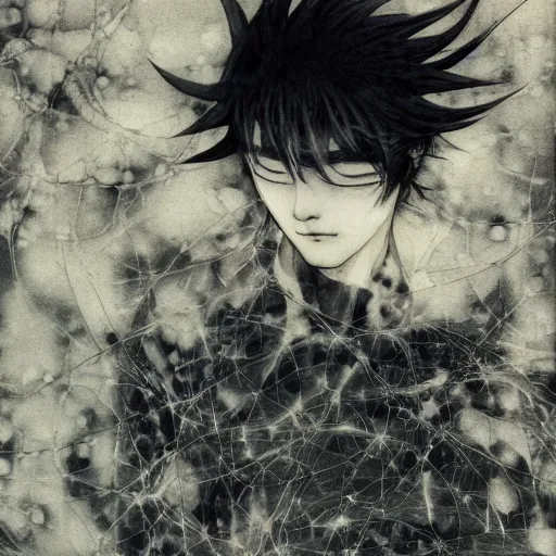 Image similar to Yoshitaka Amano blurred and dreamy illustration of an anime man with black short hair fluttering in the wind and cracks on his face, abstract black and white patterns on the background, noisy film grain effect, highly detailed, Renaissance oil painting, weird portrait angle