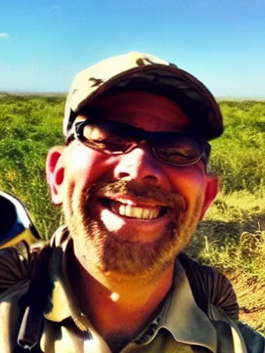 Image similar to a selfie of a man smiling in the safari with a tiger running up behind him