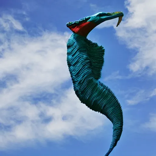 Image similar to giant blue quetzalcoatl melting up into the sky to form blue clouds