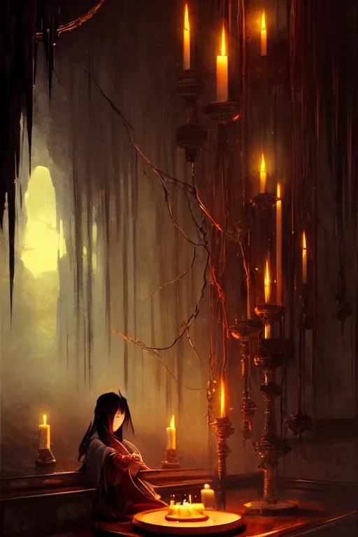 Prompt: dreamy dark hall with candles and dripping wax. beautiful intricately detailed japanese artwork, fantasy art by bayard wu, trending on artstation, camille corot, stephan martiniere