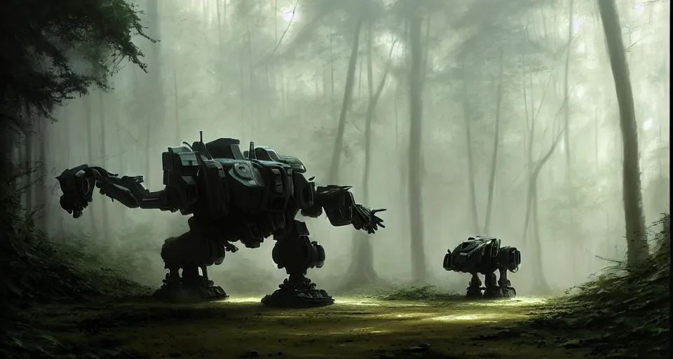 Prompt: hyper realistic sci - fi matte concept art painting of giant battlemech walking through a forest, beautiful details, strong composition painted by kim jung guweta studio rutkowski, james gurney and greg rutkowski, and lucasfilm, smooth, intricate, detailed, sharp focus, cinematic