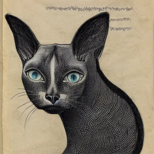 Image similar to siamese cat cow hybrid, anatomical drawings, hp lovecraft, old paper manuscript, fineline detail, cinematic quality, high octane