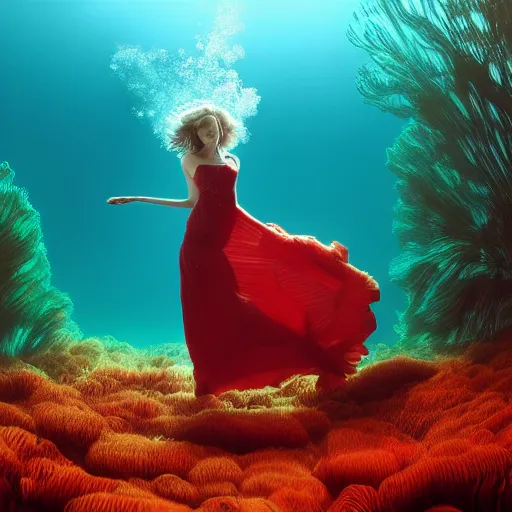 Prompt: woman dancing underwater wearing a long flowing dress made of red and yellow wire, coral sea bottom, swirling schools of silver fish, swirling smoke shapes, octane render, caustics lighting from above, cinematic, hyperdetailed