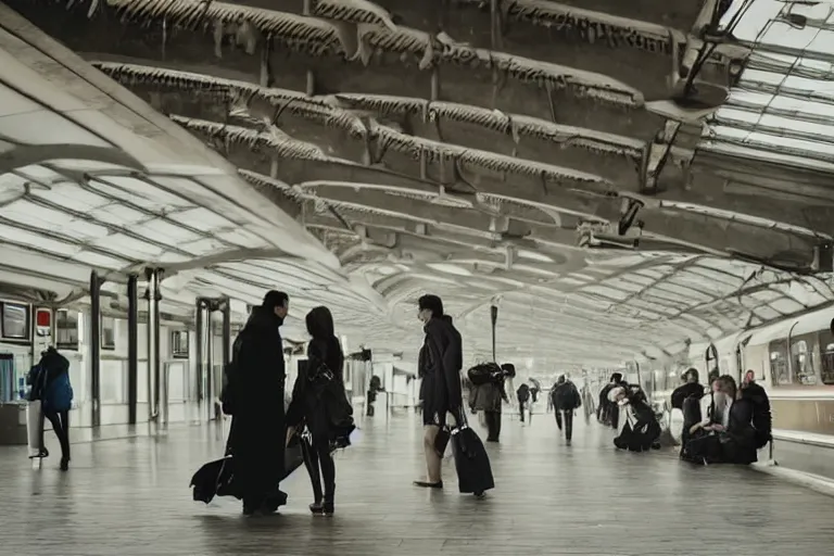 Prompt: vfx movie couple in a train station by emmanuel lubezki