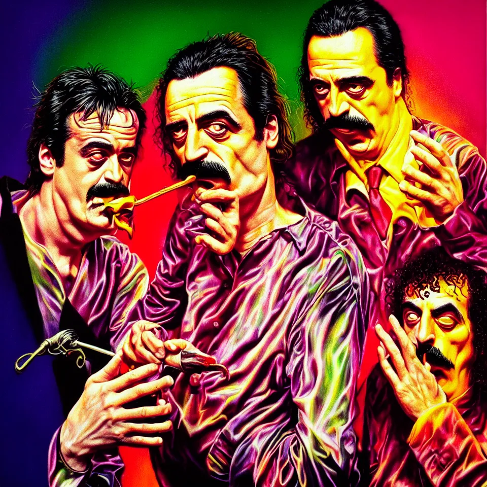 Prompt: bright psychedelic mike patton eating frank zappa who is puking hitler, diffuse lighting, fantasy, intricate, elegant, highly detailed, lifelike, photorealistic, digital painting, artstation, illustration, concept art, smooth, sharp focus, art by francis bacon