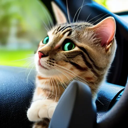 Prompt: cat driving a car with its paws on the wheel, photo, detailed, 4k