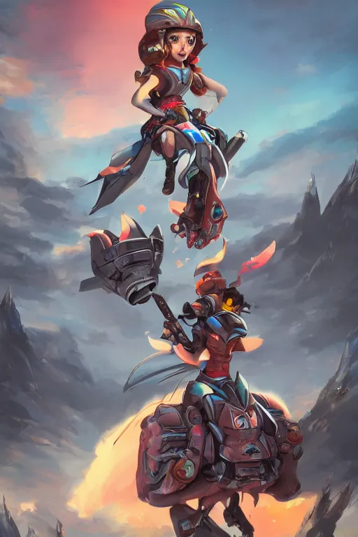 Prompt: Character concept art of a pretty girl riding on the back of a giant battlerobot