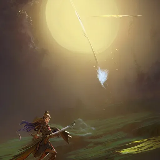 Image similar to magical feather pen, magic smoke trails on the feather pen, epic fantasy style, in the style of Greg Rutkowski, hearthstone artwork