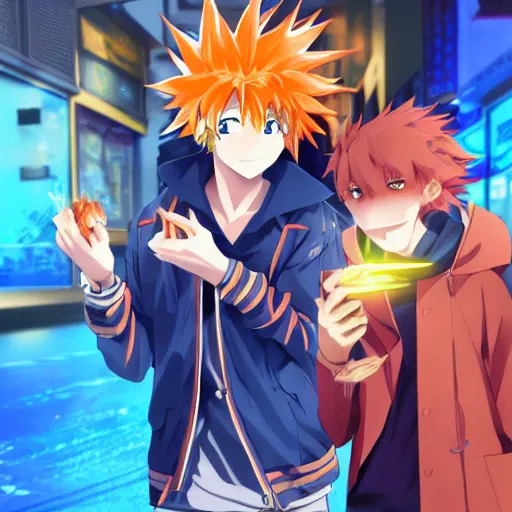 Prompt: orange - haired anime boy, 1 7 - year - old anime boy with wild spiky hair, wearing blue jacket, holding magical technological card, magic card, in front of ramen shop, strong lighting, strong shadows, vivid hues, raytracing, sharp details, subsurface scattering, intricate details, hd anime, 2 0 1 9 anime