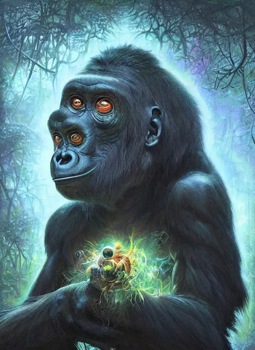 Prompt: deep jungle gorilla glowing reptile eyes, shamanic poster lsd art, intricate, elegant, highly detailed, centered, digital painting, artstation, concept art, smooth, sharp focus, illustration, artgerm, tomasz alen kopera, peter mohrbacher, donato giancola, joseph christian leyendecker, wlop, frank frazetta