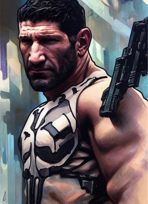 Image similar to jon bernthal as the punisher, painting by artgerm and greg rutkowski and alphonse mucha