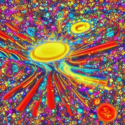 Prompt: thermonuclear happiness explosion of joy and wonder, psychedelic, quantum, cosmic