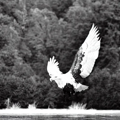 Image similar to a black and white eagle, flying over a forest with a river