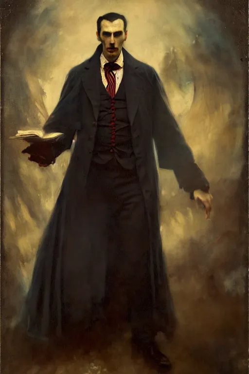 Image similar to photograph imax and solomon joseph solomon and richard schmid and jeremy lipking victorian loose genre loose painting full length portrait painting of dracula