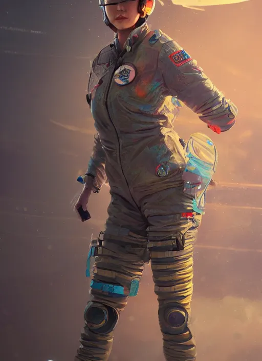 Image similar to detailed full body concept art illustration colorful oil painting of a female pilot in full intricate clothing, ultra detailed, digital art, octane render, 4K, dystopian, micro details, hyperrealistic