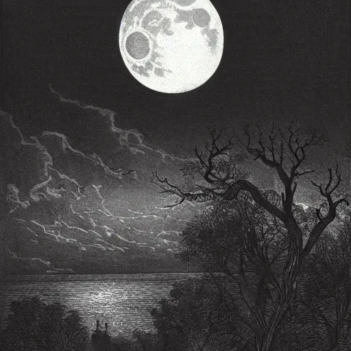 Prompt: a distant city, trees, night, full moon, clouds, chiaoscuro, illustration by Gustave Doré, a giant Cthulhu in the background