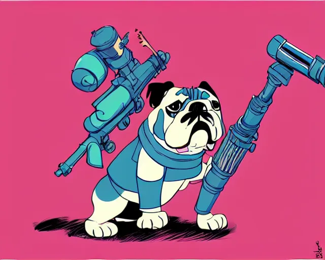Image similar to a study of cell shaded cartoon of a bulldog puppy holding a bazooka, illustration, wide shot, subtle colors, post grunge, concept art by josan gonzales and wlop, by james jean, Victo ngai, David Rubín, Mike Mignola, Laurie Greasley, highly detailed, sharp focus, alien, Trending on Artstation, HQ, deviantart, art by artgem